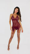 Dreamgirl Novelty stretch mesh and delicate venise embroidery garter slip and G-string set