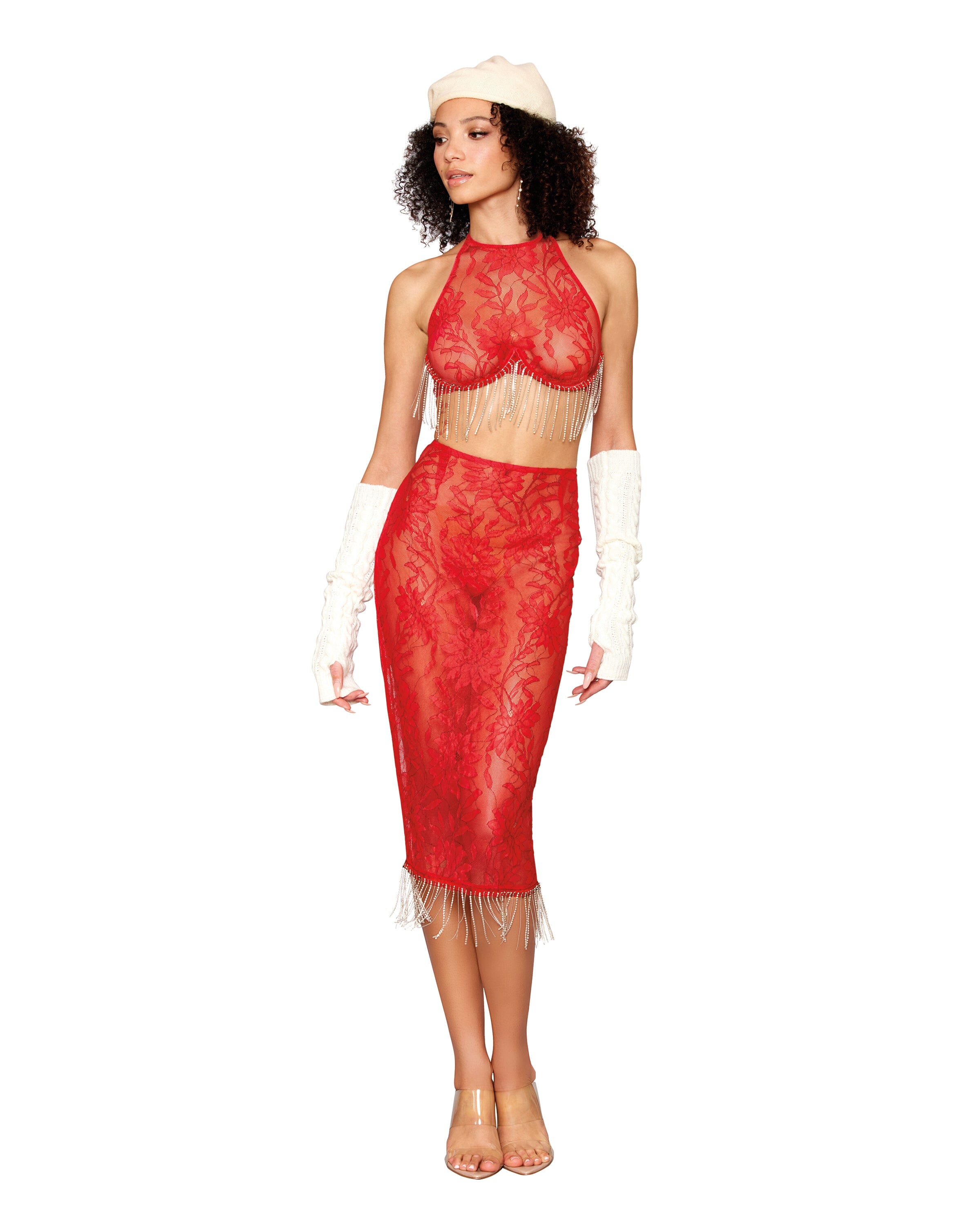 Delicate Corded Lace Bra and Slip Skirt Set with Rhinestone and Ball Chain Fringe Trim Bra Set Dreamgirl 