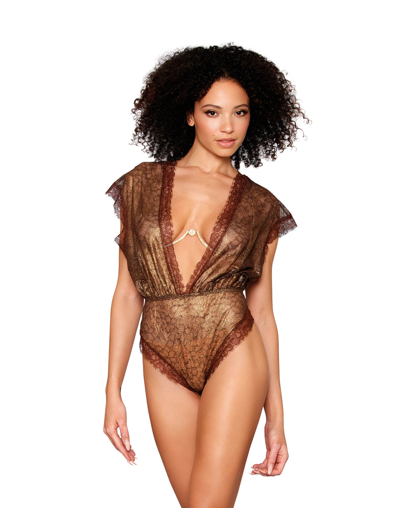 Delicate, Gold-Foil Lace Blouson Teddy & Rhinestone Metal Underwire Bra Set Teddy Dreamgirl 