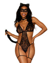 Dreamgirl Cat-Themed Lace Garter Teddy Bedroom Costume 4-Piece Set Teddy Dreamgirl 