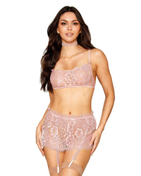 Dreamgirl Eyelash Lace Bralette, Garter Skirt, and Choker Set with Satin Rosettes and Fishnet Elastic Trim BRALETTE AND THONG Dreamgirl