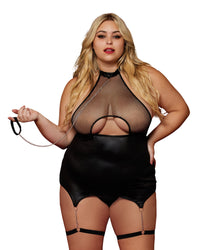 Dreamgirl Fetish Plus Size Stretch Faux-Leather and Fishnet Garter Slip and Leash Set Garter Slip Dreamgirl