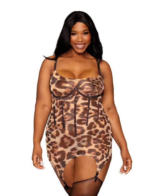 Dreamgirl Leopard Plus Size Printed Stretch Mesh Garter Slip with Rhinestone Detailing Garter Slip Dreamgirl 