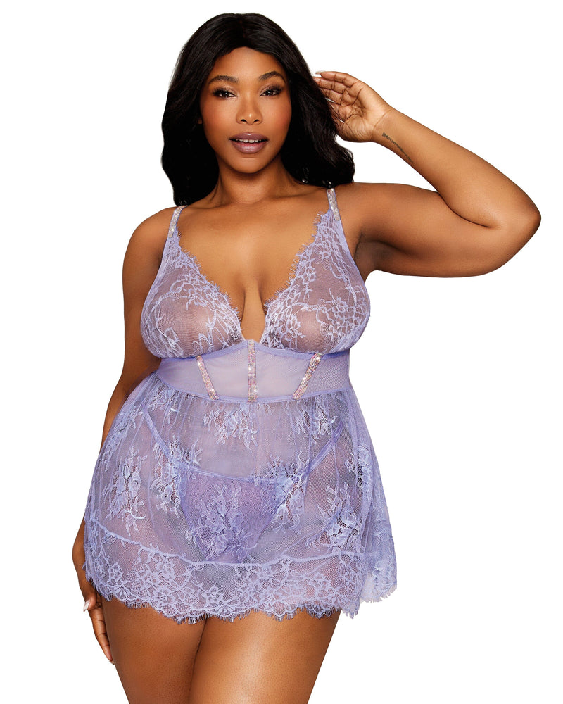 Dreamgirl Plus Size Eyelash Lace babydoll & G-string Set with Rhinestone Detailing LINGERIE BABYDOLL Dreamgirl 