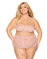 Dreamgirl Plus Size Eyelash Lace Bralette, Garter Skirt, and Choker Set with Satin Rosettes and Fishnet Elastic Trim Bralette set Dreamgirl