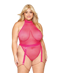 Dreamgirl Plus Size Fishnet Teddy and Faux-Leather Garter Belt Set Garter Set Dreamgirl