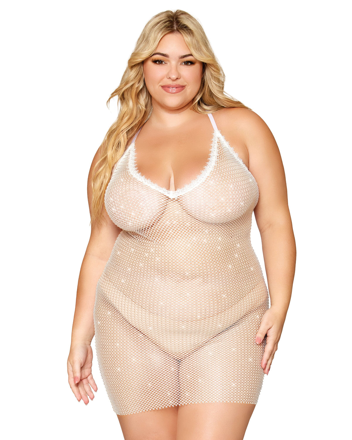 Dreamgirl Plus Size Rhinestone Embellished Fishnet Chemise witth Eyelash Lace Trim Chemise Dreamgirl 