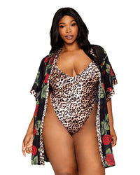 Dreamgirl Plus Size Rose Print Chiffon Robe with Leopard Print Satin Teddy Set Teddy Dreamgirl