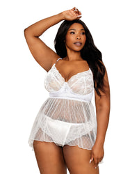 Dreamgirl Plus Size Satin, Stretch Lace, and Diamond Mesh Babydoll and Panty Set Babydoll Dreamgirl 