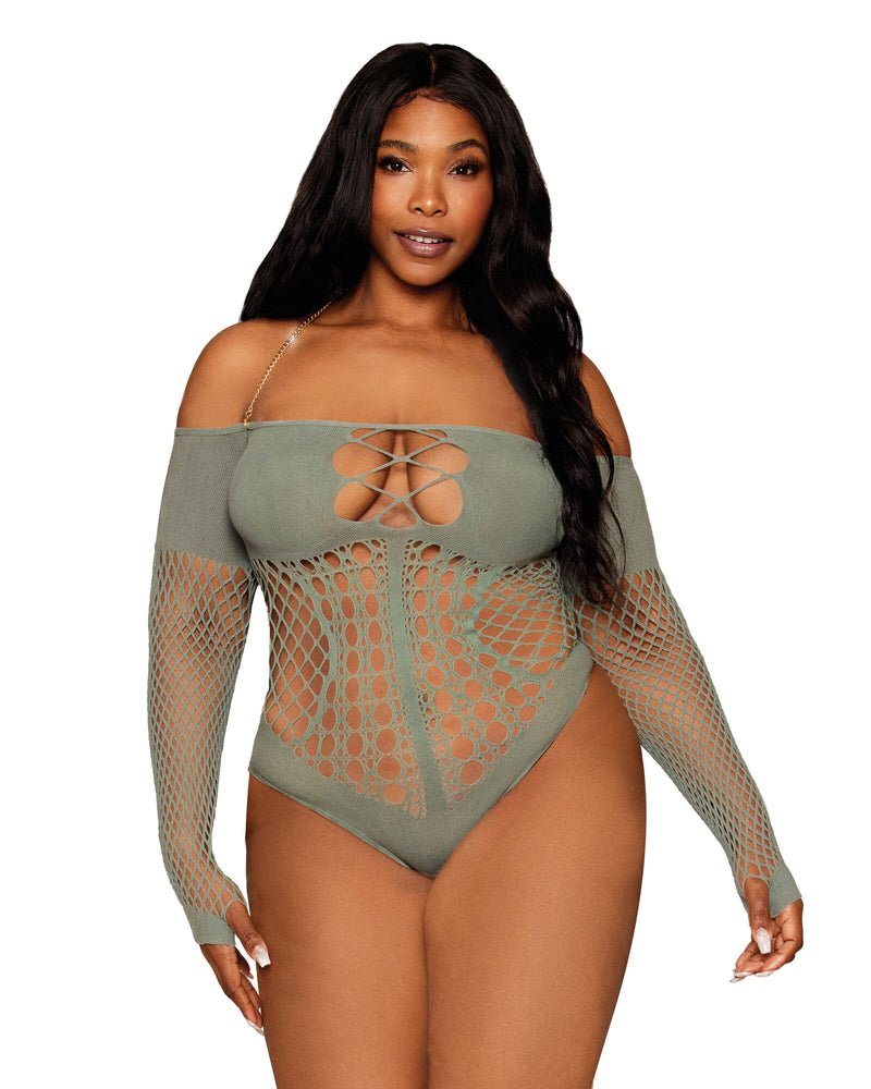 Dreamgirl Plus Size Seamless Long Sleeve Teddy with Removeable Gold Halter Chain Teddy Dreamgirl 