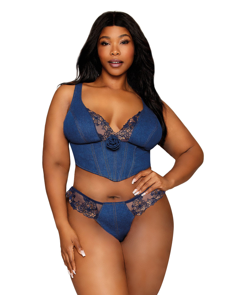 Dreamgirl Plus Size Stretch Denim Cropped Bustier and Matching G-string Set with Embroidery Lace Details Bustier Dreamgirl 