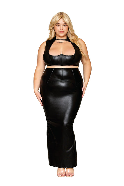 Dreamgirl Plus Size Stretch Faux-Leather and Eyelash Lace Bra and Garter Panty Set Bra Set Dreamgirl 