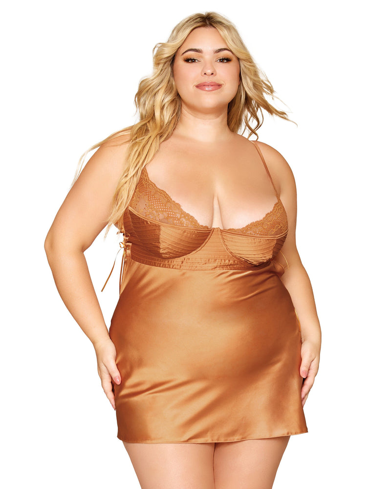 Dreamgirl Plus Size Stretch Satin Chemise with Pintucking and Lace Details Chemise Dreamgirl 