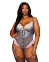 Dreamgirl Plus Size Stretch Satin, Mesh, and Eyelash Lace Garter Teddy with Quilting Details Teddy Dreamgirl 