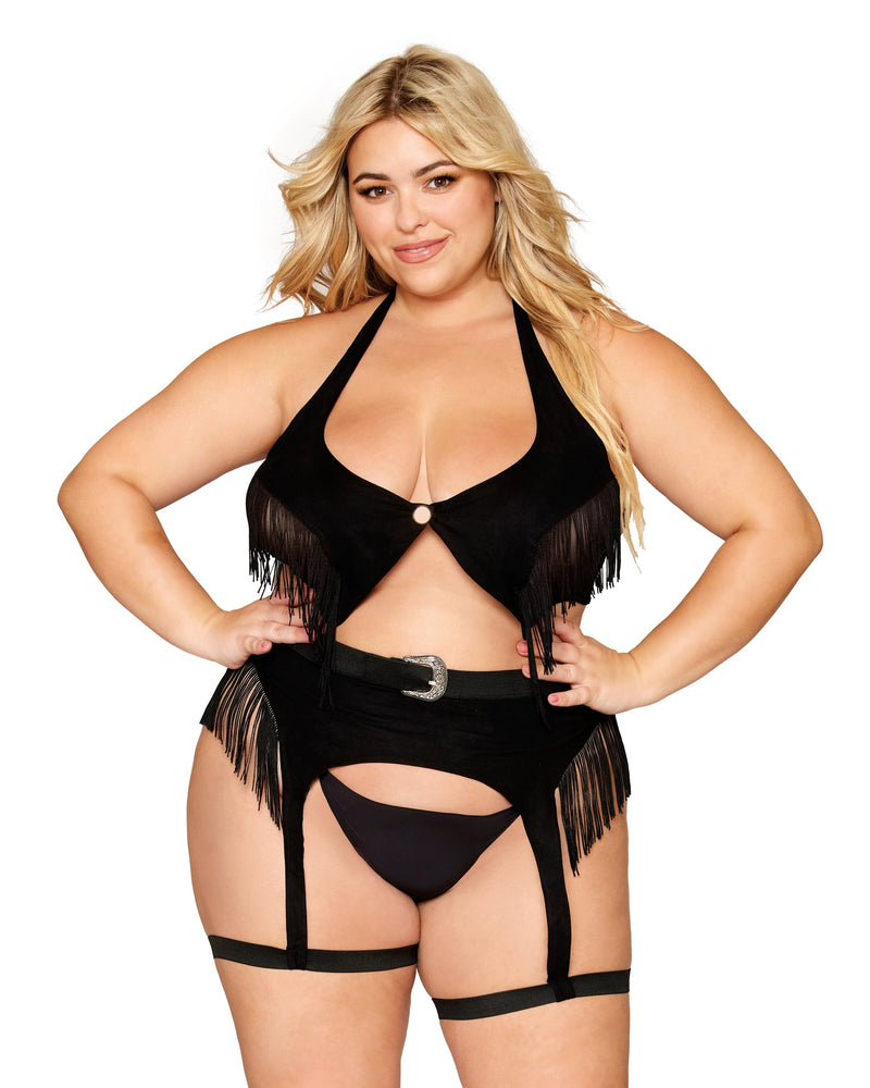 Dreamgirl Plus Size Western-Themed Faux-Leather Bralette and Garter Belt Bedroom Costume Set with Fringe Details Garter Set Dreamgirl 