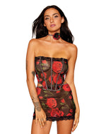 Dreamgirl Rose Printed Stretch Mesh Bustier, Mini Skirt Set with Rosette Choker Necklace Lingerie Set Dreamgirl 