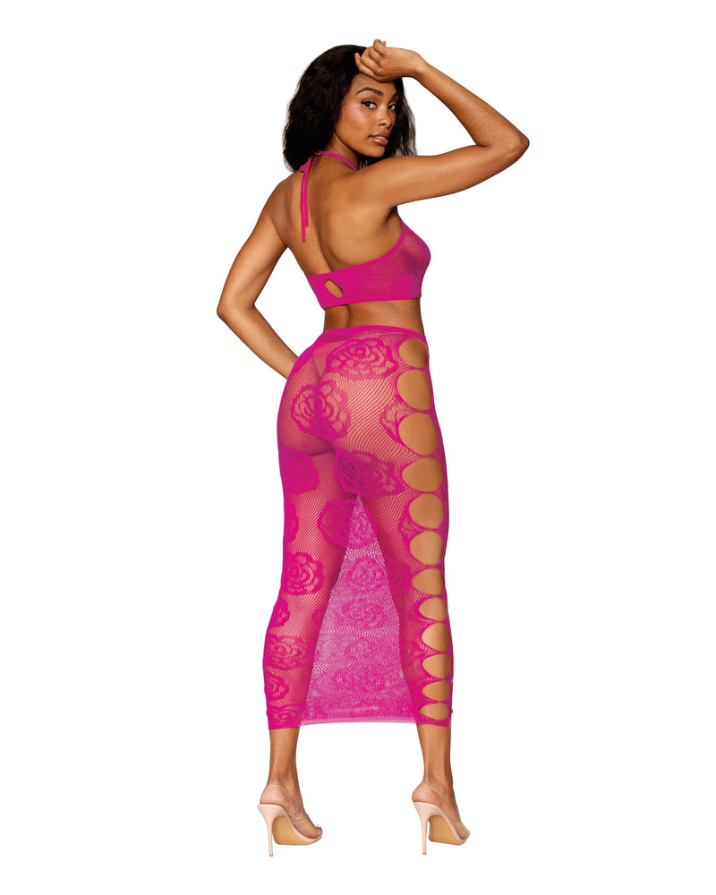Dreamgirl Seamless Bralette and Long Skirt Set with Knitted Large Rose and Fishnet Pattern Bralette set Dreamgirl 