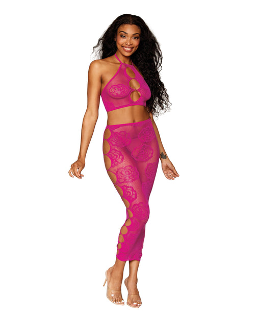Dreamgirl Seamless Bralette and Long Skirt Set with Knitted Large Rose and Fishnet Pattern Bralette set Dreamgirl 