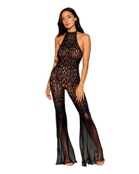 Dreamgirl Seamless Crochet Lace Bodystocking with Fishnet Flair Hem Bellbottom Legs Bodystocking Dreamgirl