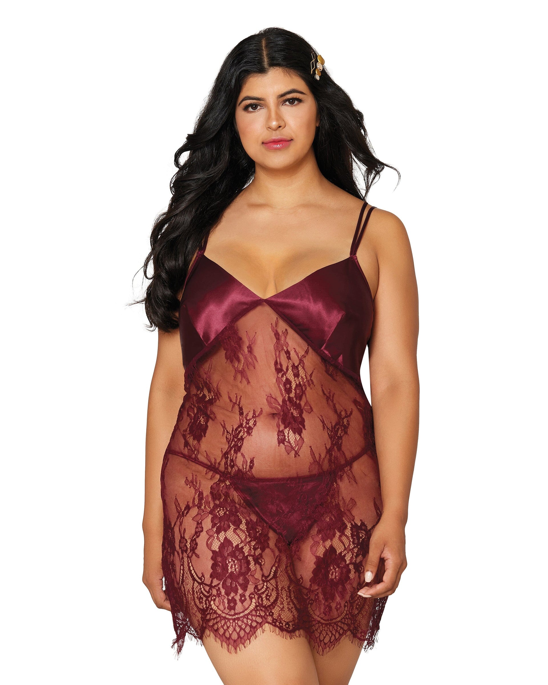 Dreamgirl Plus Size Lace Halter Gown Set with Scalloped-Edge Trim & High Side Slit Detail