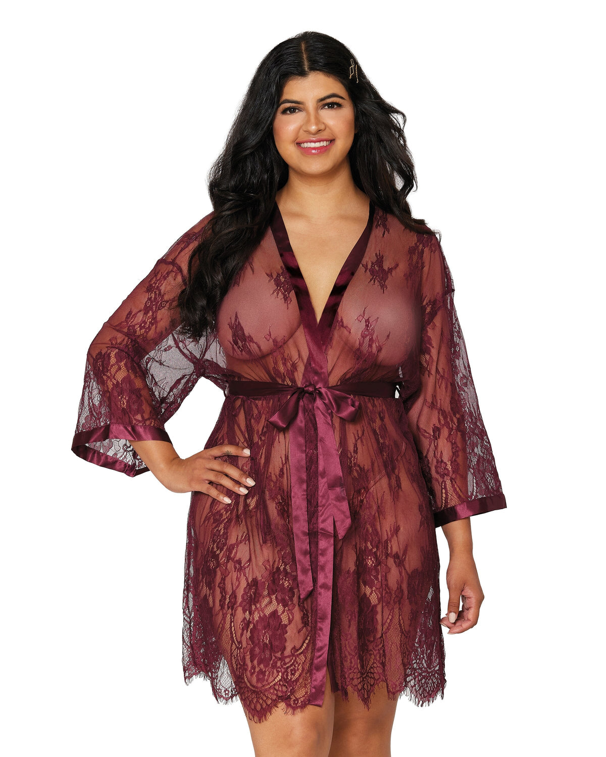 Eyelash lace robe with wide border pattern on scallop hem LINGERIE ROBE SET Dreamgirl International 