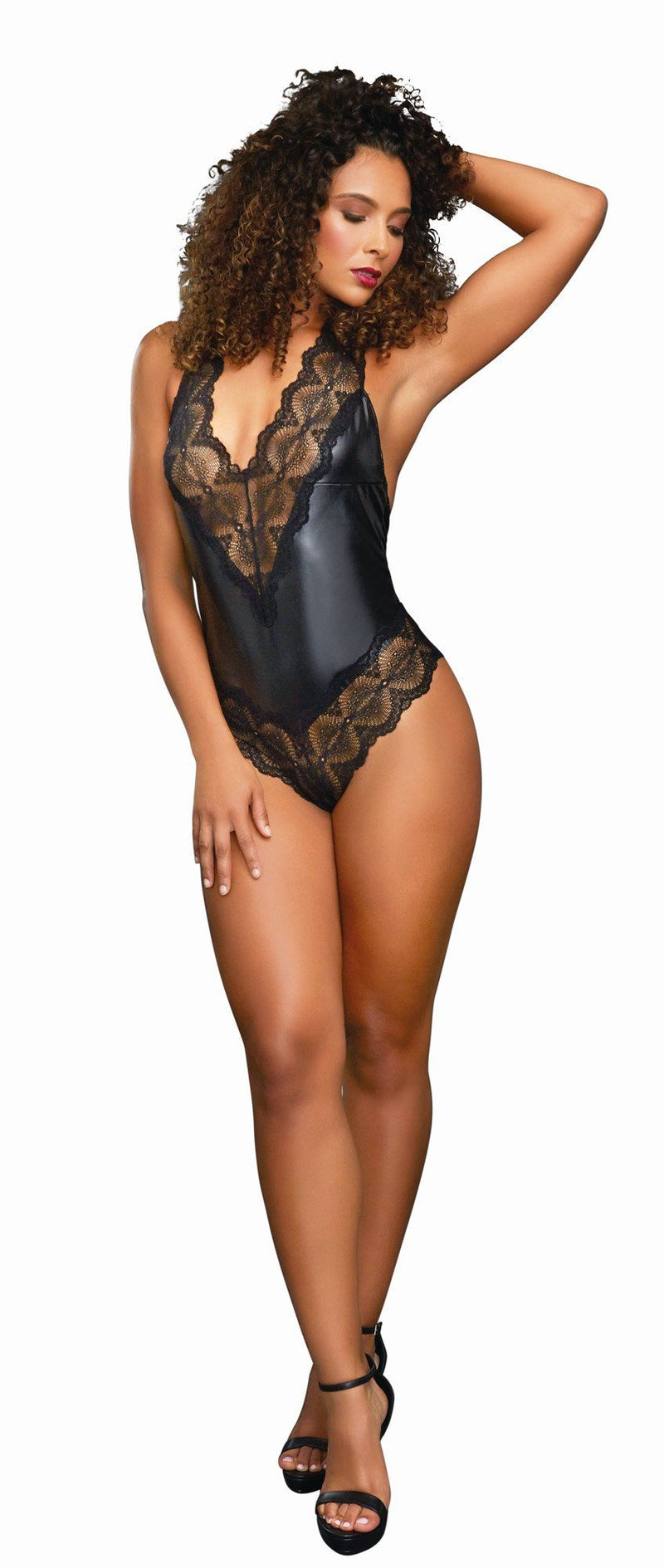 Faux Leather Halter Bodysuit with Thong Back Bodysuit Dreamgirl International 