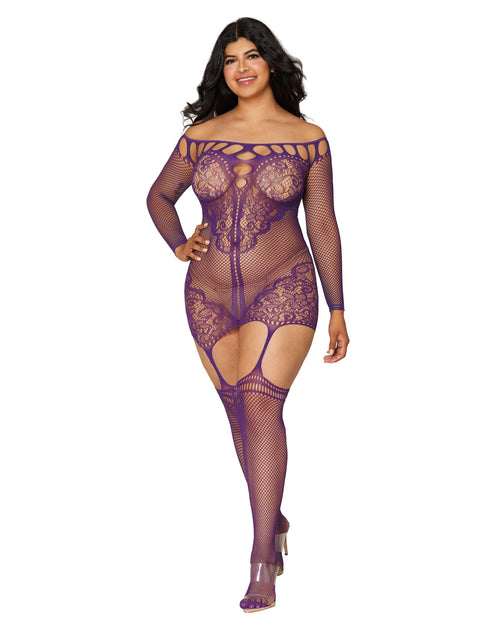 Fishnet and decorative scalloped lace garter dress with attached fishnet stockings lingerie Dreamgirl International 
