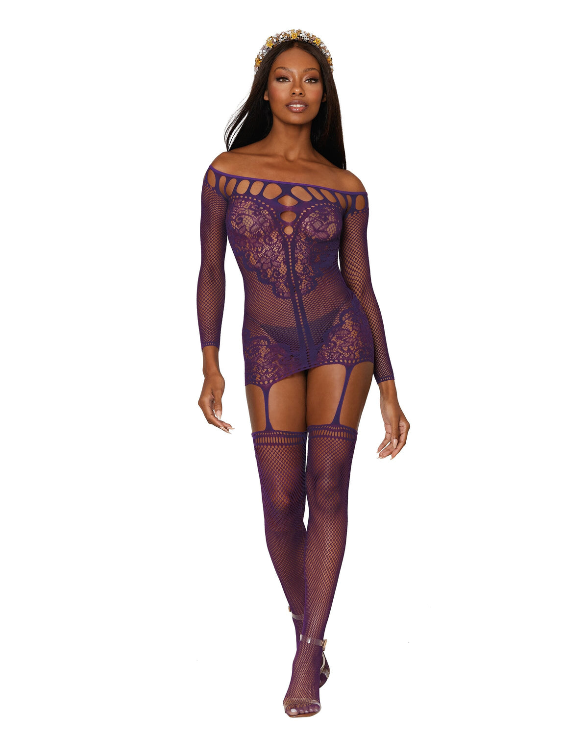 Fishnet and decorative scalloped lace garter dress with attached fishnet stockings Lingerie Dreamgirl International 