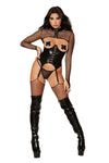 Fishnet and stretch faux-leather open-cup bustier and mesh G-string set with attached/adjustable garters LINGERIE BUSTIER Dreamgirl International 