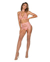 Fishnet & Lace 4-Piece Halter Bralette & Garter Belt Set with Stretch Velvet Trim Accents Lingerie Set Dreamgirl International 