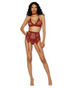 Fishnet & Lace 4-Piece Halter Bralette & Garter Belt Set with Stretch Velvet Trim Accents Lingerie Set Dreamgirl International 