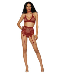 Fishnet & Lace 4-Piece Halter Bralette & Garter Belt Set with Stretch Velvet Trim Accents Lingerie Set Dreamgirl International 