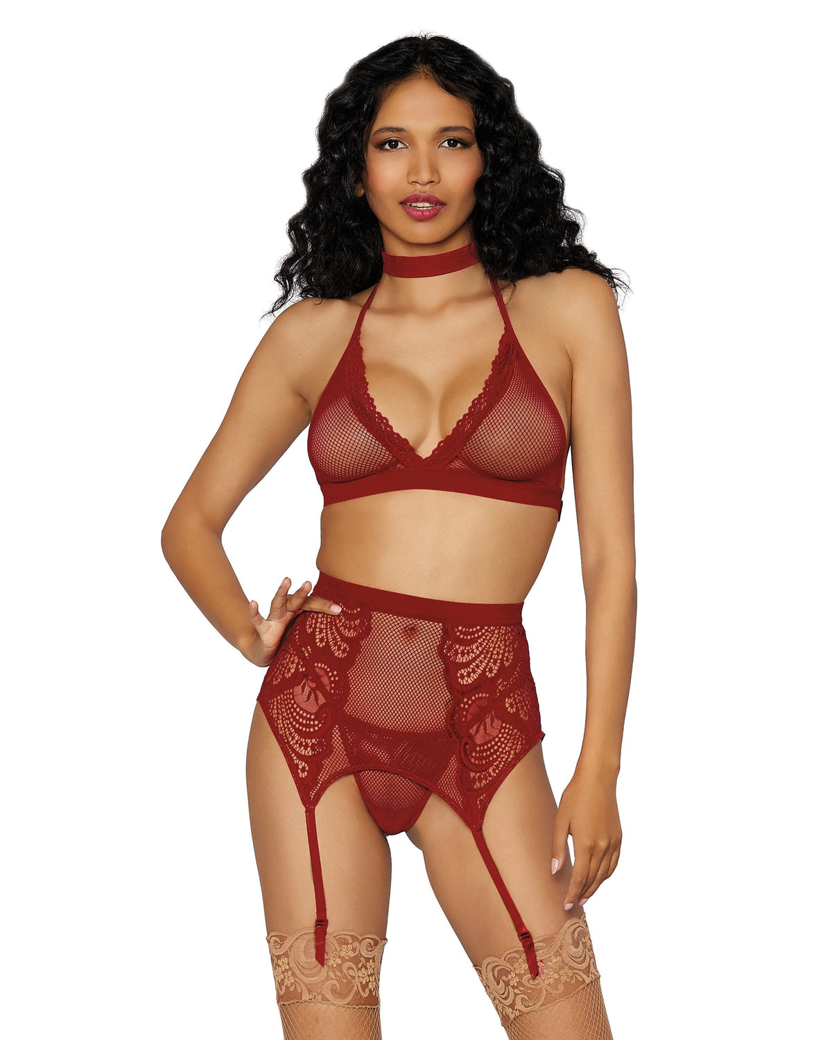 Fishnet & Lace 4-Piece Halter Bralette & Garter Belt Set with Stretch Velvet Trim Accents Lingerie Set Dreamgirl International OS Garnet 