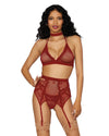 Fishnet & Lace 4-Piece Halter Bralette & Garter Belt Set with Stretch Velvet Trim Accents Lingerie Set Dreamgirl International OS Garnet 