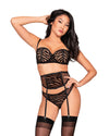 Flocked Animal Print Bra, Garter Belt & Thong Set with Studded Trim Details Lingerie Set Dreamgirl International 