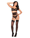 Flocked Animal Print Bra, Garter Belt & Thong Set with Studded Trim Details Lingerie Set Dreamgirl International 