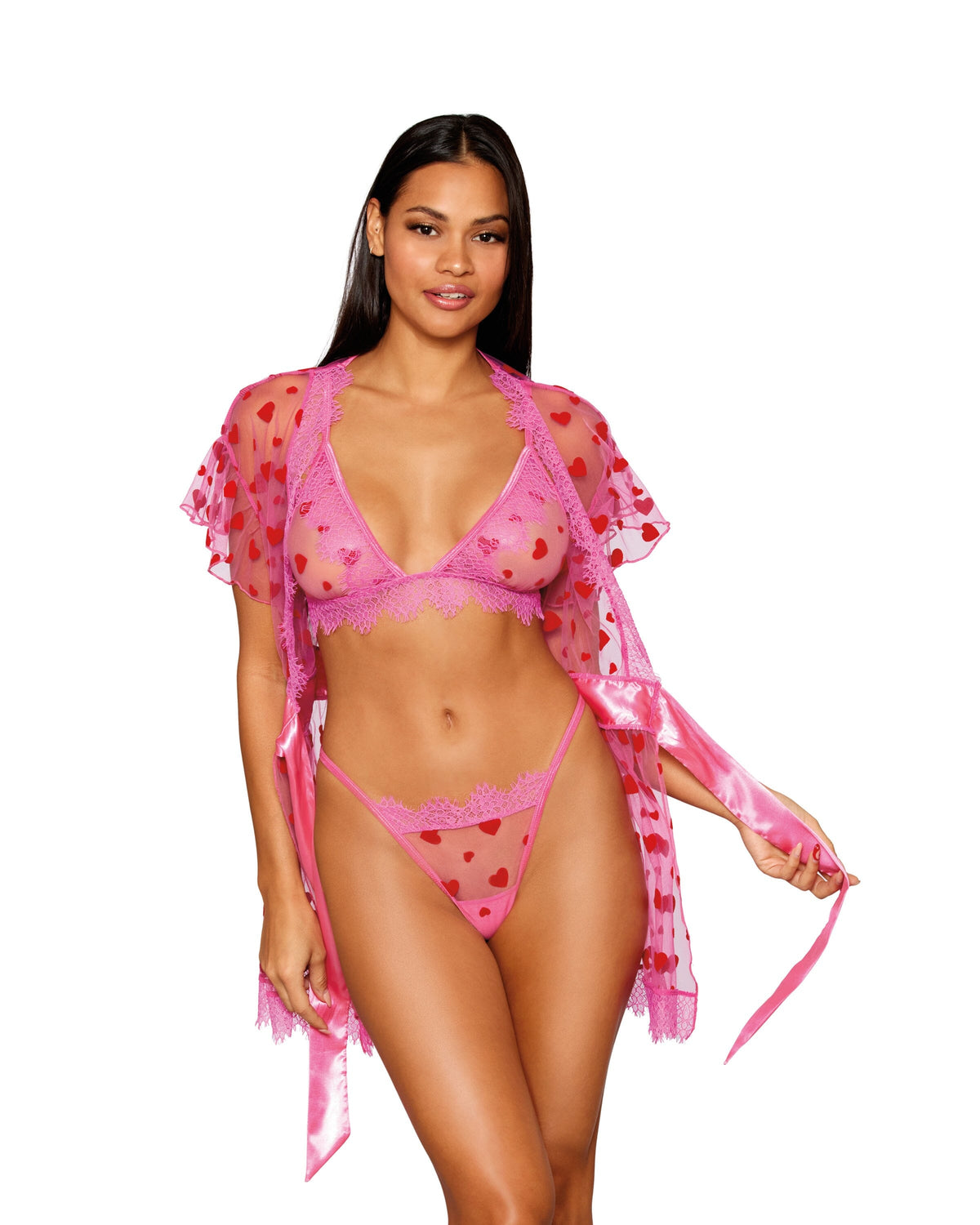 Flocked Heart Mesh and Eyelash Lace Robe, Bralette, and G-string Set Robes Dreamgirl 