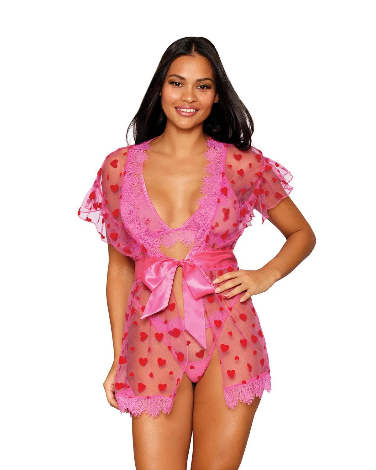 Flocked Heart Mesh and Eyelash Lace Robe, Bralette, and G-string Set Robes Dreamgirl 