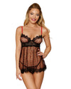 Flocked Heart Mesh and Eyelash Lace Trim Babydoll Set LINGERIE BABYDOLL Dreamgirl International 