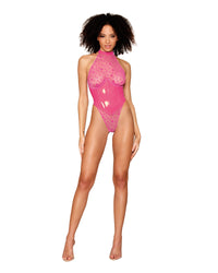 Flocked Heart Stretch Mesh and Stretch Vinyl Halter Teddy Teddy Dreamgirl 