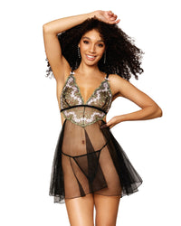 Floral embroidery babydoll and matching G-string set Dreamgirl International 