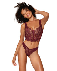 Geometric venise embroidery cropped bustier and matching thong set BRALETTE AND THONG Dreamgirl International 