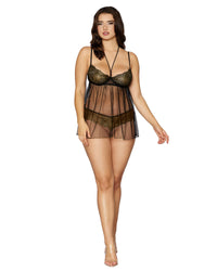 Gold Foiled Stretch Lace and Mesh Babydoll Set with Detachable Restraints LINGERIE BABYDOLL Dreamgirl International 
