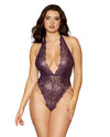 Gold Foiled Stretch Lace Halter Teddy with Gold Colored Chain Detail LINGERIE TEDDIE Dreamgirl International 