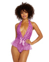 Halter Scalloped Teddy with Fluttery Ruffles at Hip Teddy Dreamgirl International One Size Iris 