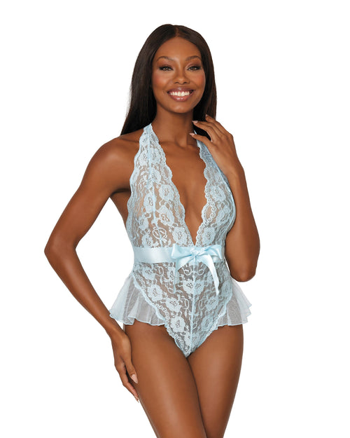 Halter Scalloped Teddy with Fluttery Ruffles at Hip Teddy Dreamgirl International One Size Light Blue 