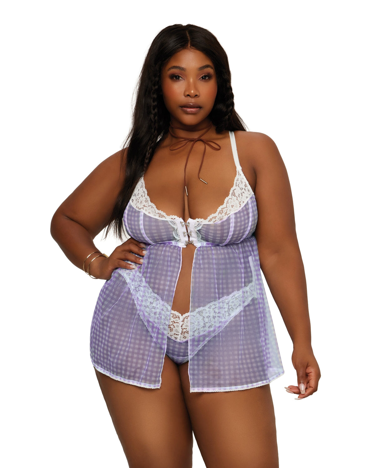 Lace and Gingham Printed Mesh Babydoll and Panty Set baydoll Dreamgirl International 