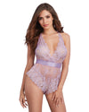 Lace Romper with Eyelash Lace Trim and Open Back Romper Dreamgirl International S Lavender 