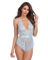 Lace Romper with Eyelash Lace Trim and Open Back Romper Dreamgirl International S Light Blue 