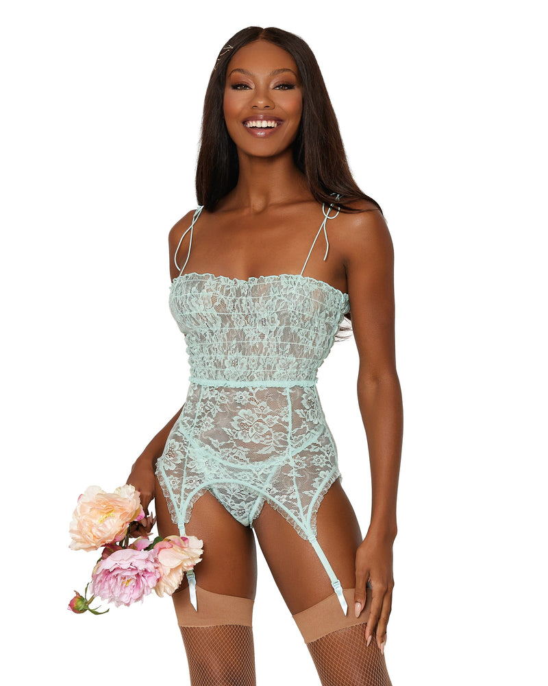Lace smocking garter slip and G-string set featuring ruffled elastic trim and a garter-shaped hem Garter Slip Dreamgirl International 